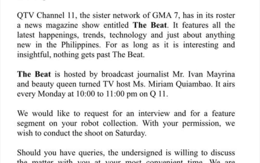 OCTOBER 9, 2008.  INVITATION LETTER FROM  GMA QTV CHANNEL 11 – THE BEAT. HOSTED BY MR. IVAN MAYRINA AND MS. MIRIAM QUIAMBAO.    2008 年 10 月 9 日。GMA QTV チャンネル 11 からの招待状 – ビート。主催はMr.イワン・メイリナとMS.ミリアム・キアンバオ。