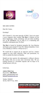 OCTOBER 9, 2008.  INVITATION LETTER FROM  GMA QTV CHANNEL 11 – THE BEAT. HOSTED BY MR. IVAN MAYRINA AND MS. MIRIAM QUIAMBAO.    2008 年 10 月 9 日。GMA QTV チャンネル 11 からの招待状 – ビート。主催はMr.イワン・メイリナとMS.ミリアム・キアンバオ。